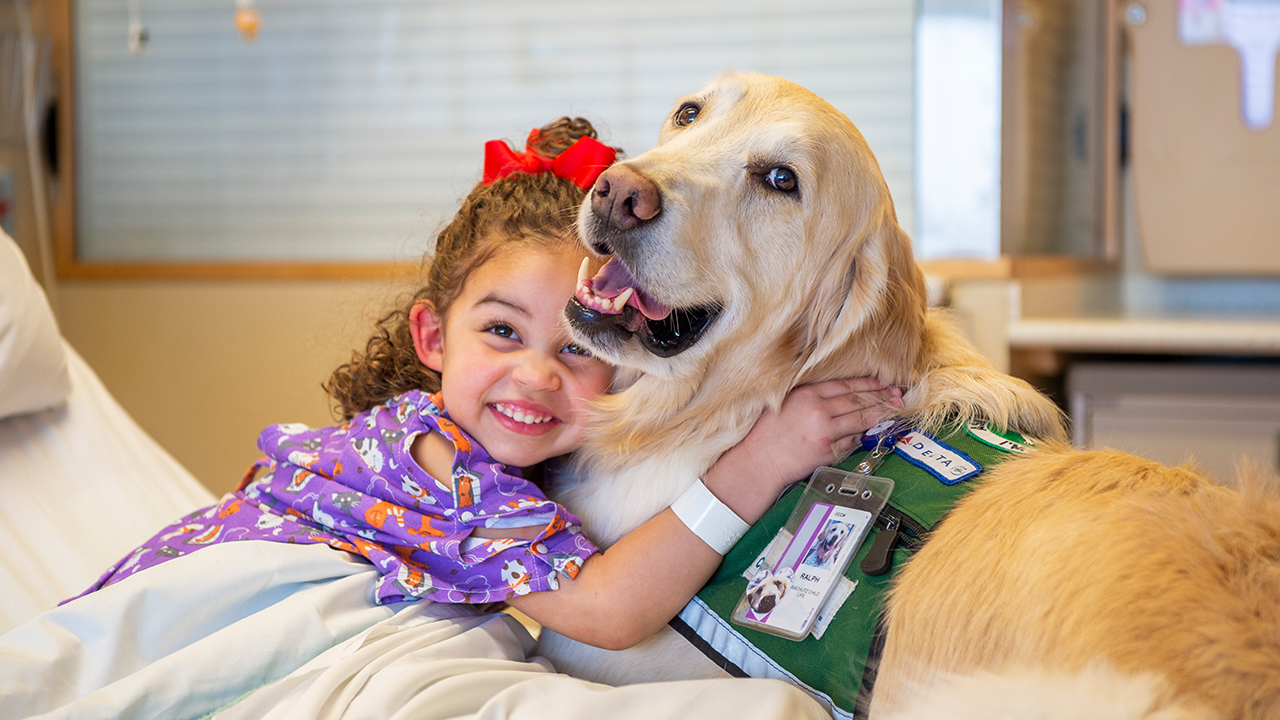 A child hugs a therapy dog