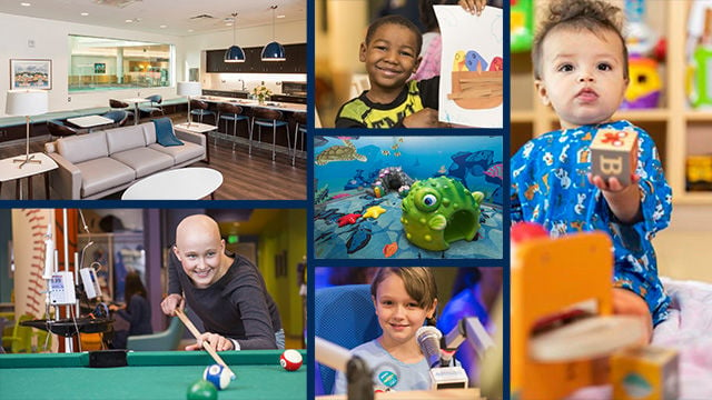 Collage with Family Resource center living area, boy smiling with artwork, baby holding block, aquarium-themed room, child in Seacrest studios, and teen playing pool