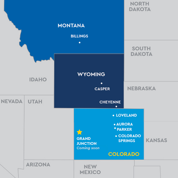 Map showing Children's Colorado's regional ACHD clinics in Colorado, Wyoming and Montana.