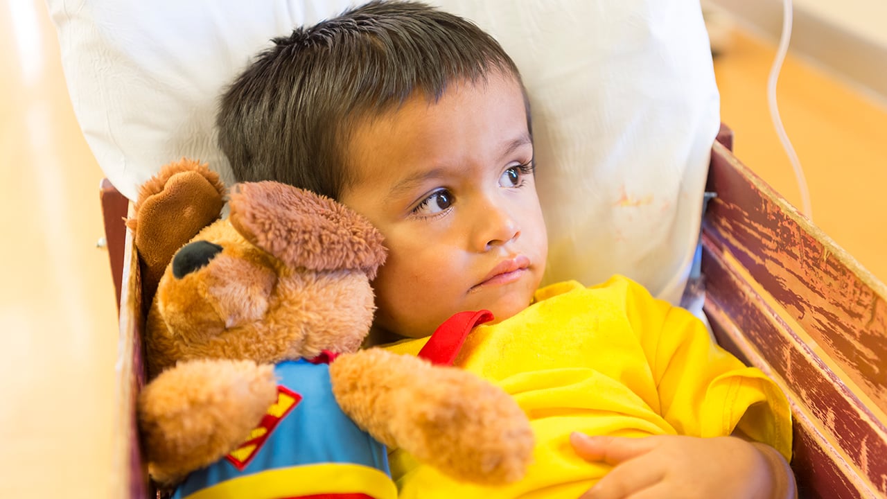 A young boy sits in a red wagon hugging a stuffed animal