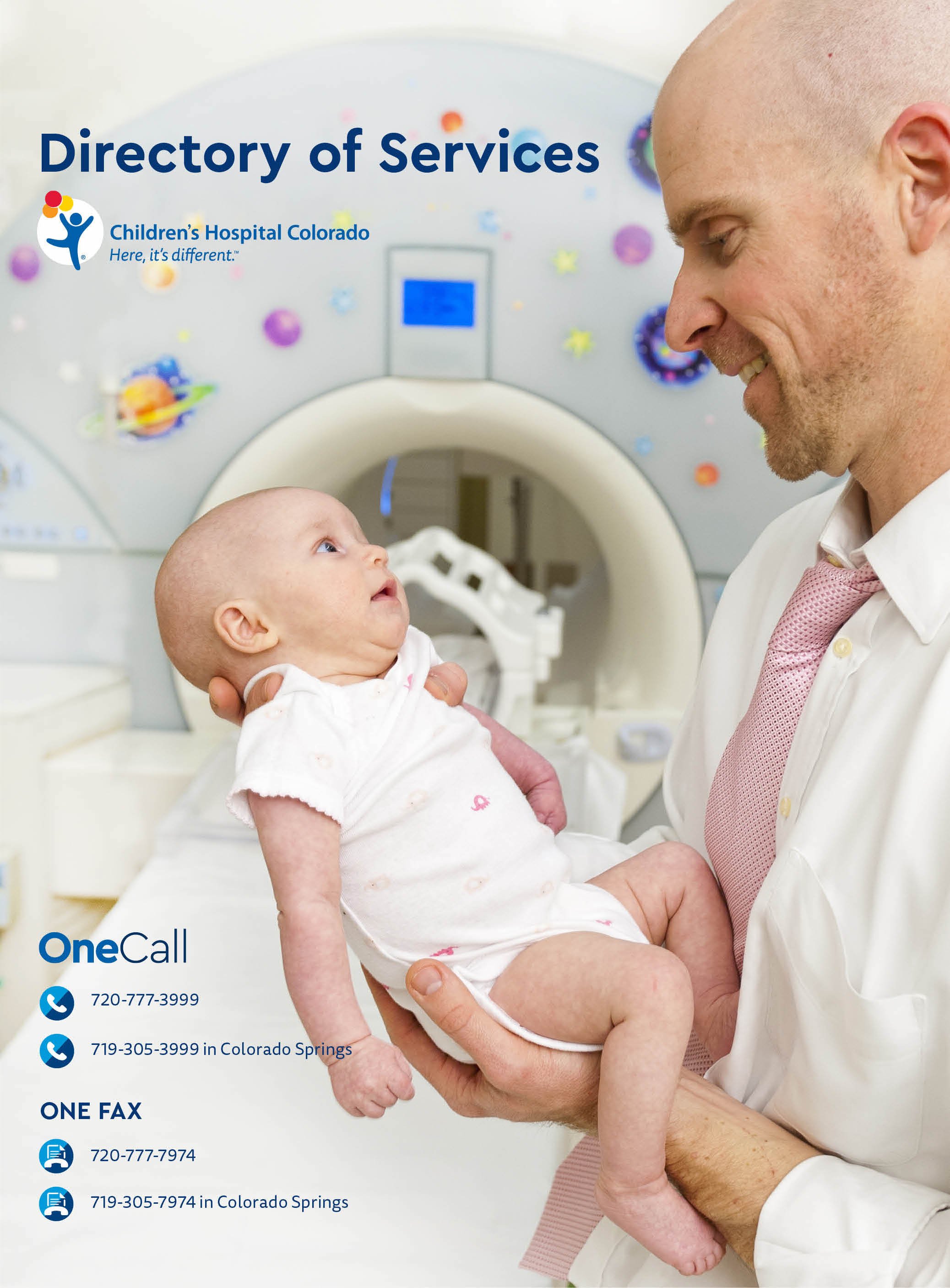The cover image of the 2018 Children's Hospital Colorado Directory of Services book with a doctor listening to a little boy's chest using her stethoscope. He is wearing a t-shirt with blue stripes and she is wearing a white lab coat.