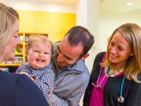 Jason Gien, MD, and Alicia Grenolds, CPNP, with Noah and Melissa Lindsay at Children’s Colorado in fall 2017.