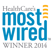 Logo indicating Children's Hospital Colorado is a "HealthCare's Most Wired Winner" for 2014.