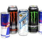 A collection of energy drinks including Red Bull and Monster.