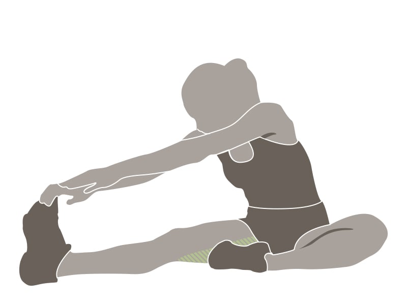 An illustration of a girl sitting with one leg outstretched and leaning over it to grab her toes.